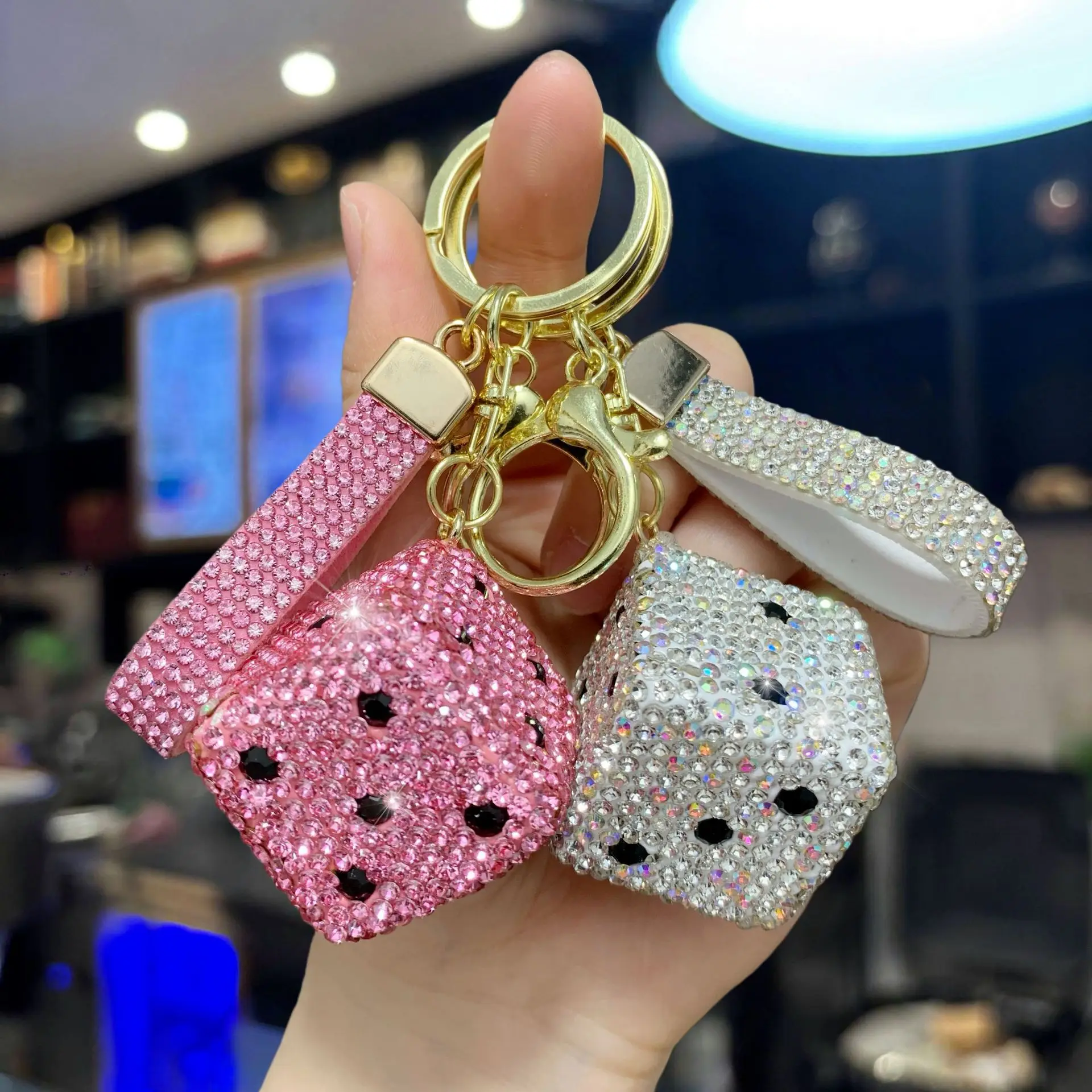 Simple Korean Style Clay Dice Keychain - Full Rhinestone Car Key Ring & Bag Charm for Women
