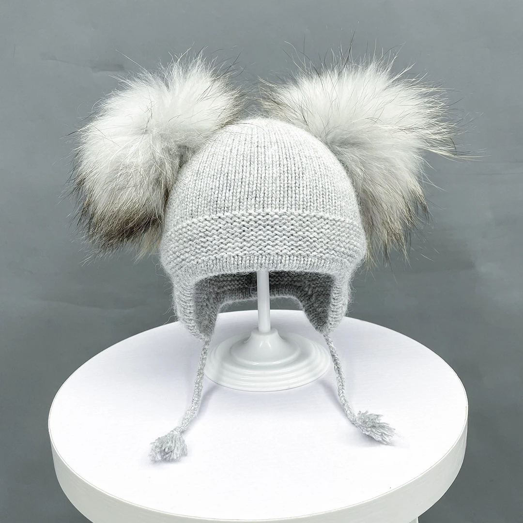 Infant Beanie Hat with Earflaps, Angora, Soft, Warm, Fur, Pom Pom, Knitted, Kids, Cute, Children, Winter Caps, Hot Selling, 2022