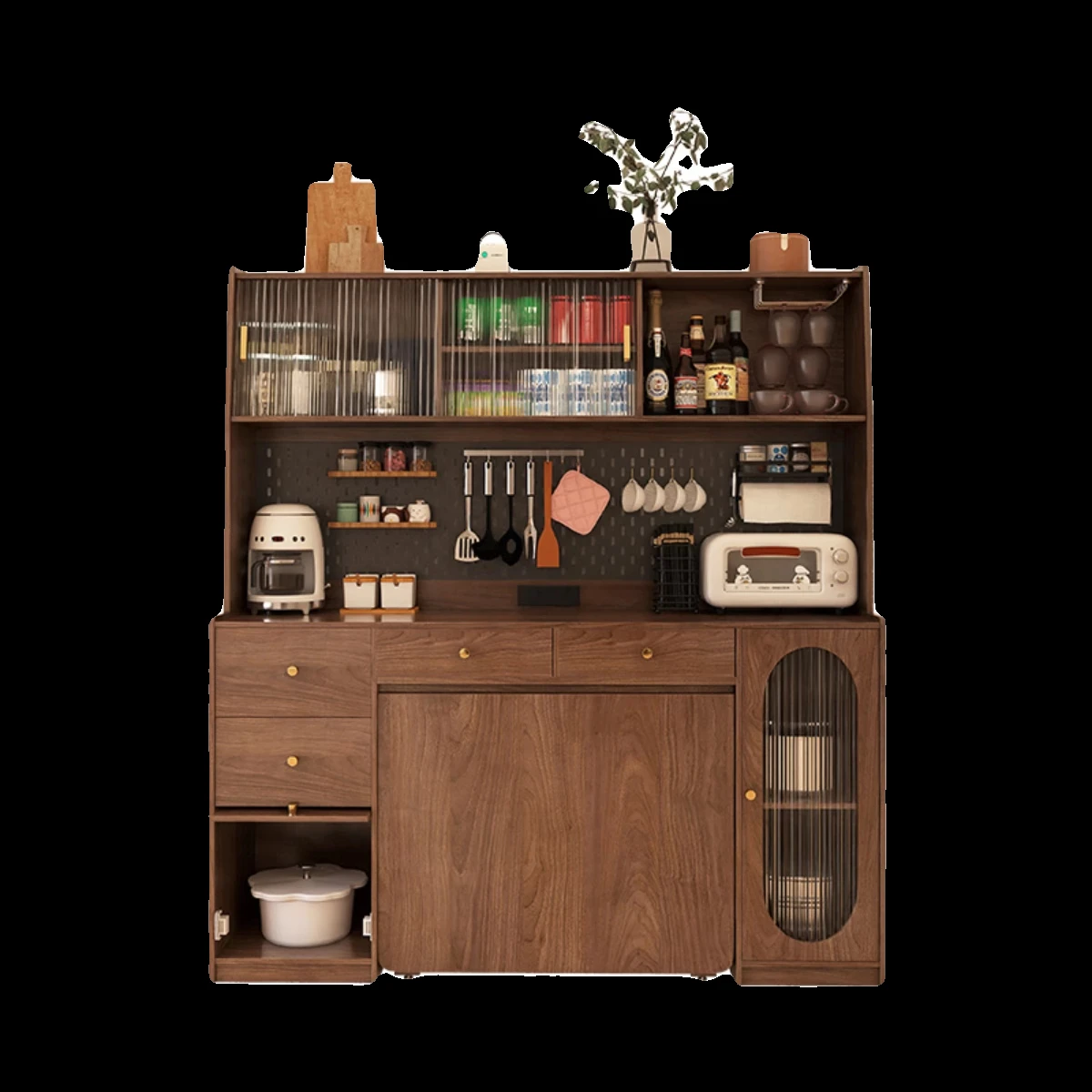 

Walnut colored solid wood dining cabinet with integrated folding and retractable dining table