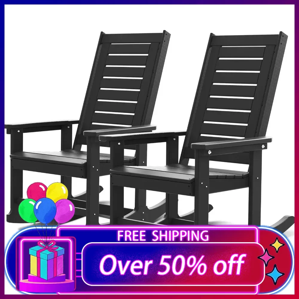 

Outdoor Rocking Black Chairs, Set of 2, Porch Rocker, HDPE Plastic, Oversized Rockers | High Back|Big & Tall | Ladder Back