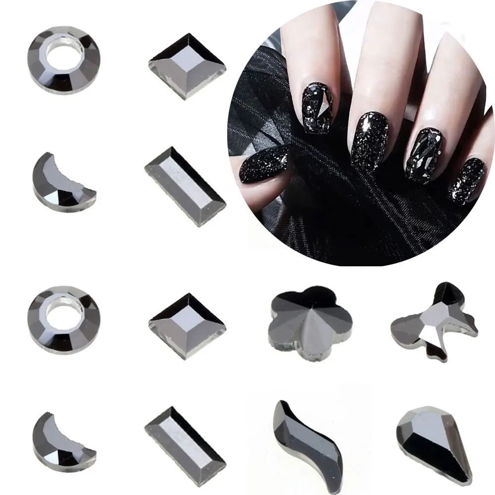 New black mixed shape glass crystal rhinestone flat back Strass shiny 3D nails DIY decorative accessories nails