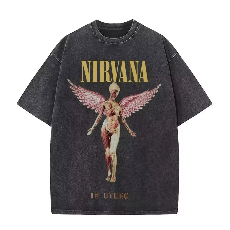 Nirvana rock band men's Retro cotton Washed Tee In Utero album man Women's oversized Y2K distress Tshirt Casual Loose streetwear