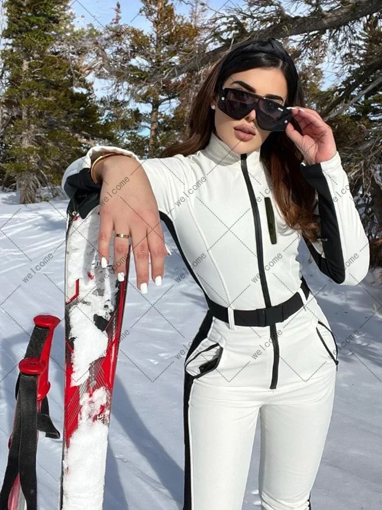 Winter Patchwork Ski Jumpsuits For Women Long Sleeve Waterproof Windproof Skiing Overall Female 2023 Elegant Skateboard Jumpsuit