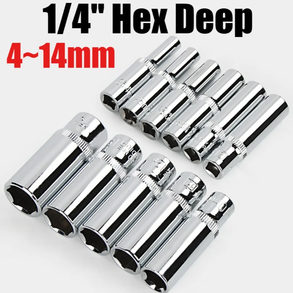 1/4 Hexagonal Extended Socket, CR-V Steel Drive Socket Set For Wrench Assortment, Metric Hexagonal Socket Mechanic Tools