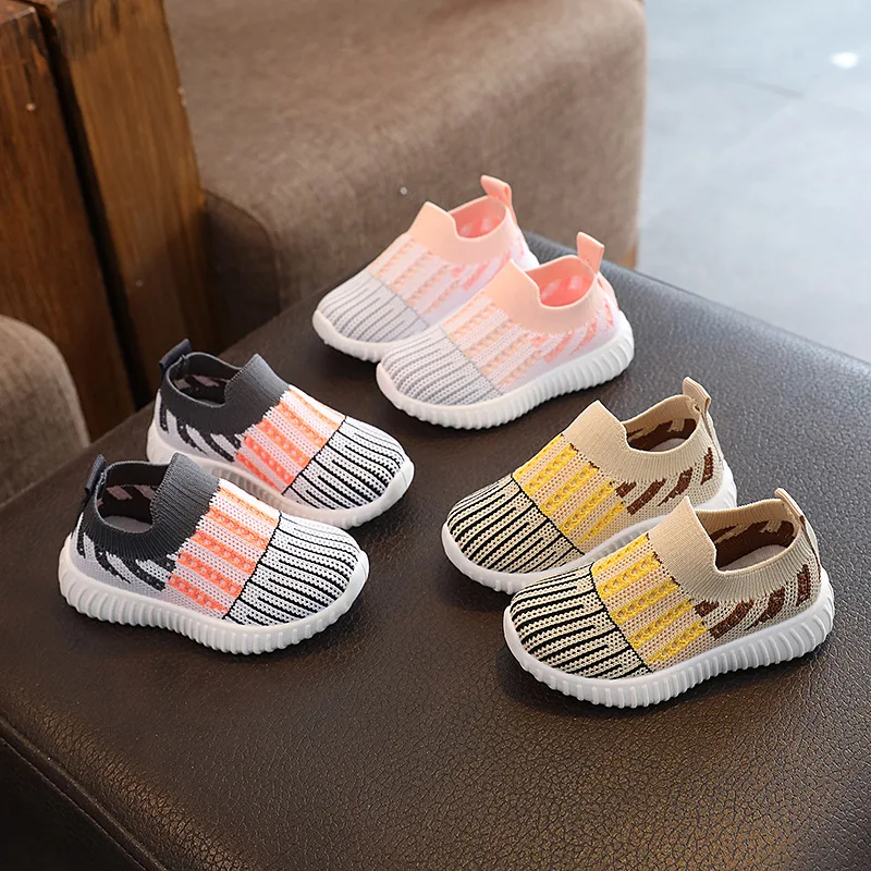New Kids Casual Shoes Children Sneakers Boy Striped Knitted Sneakers for Girls Slip-On Sports Sock 2-8 Years Tennis Shoes Spring