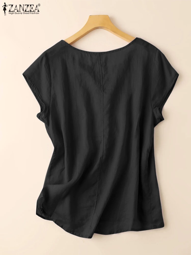 ZANZEA Casual Lace Stitching Tops Women Blouse V-neck Loose Holiday 2024 Summer Shirts Solid Color Vintage Short Sleeve Blusas