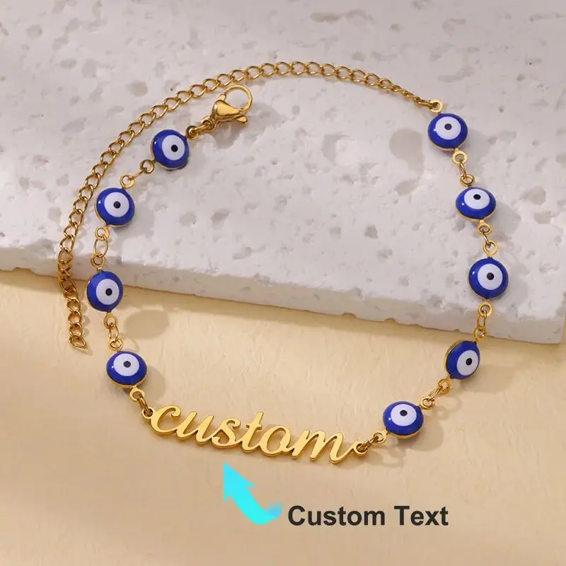 Custom Evil Eye Name Anklets for Women Summer Beach Stainless Steel Leg Chain Anklet Bracelet Personalized Waterproof Jewelry