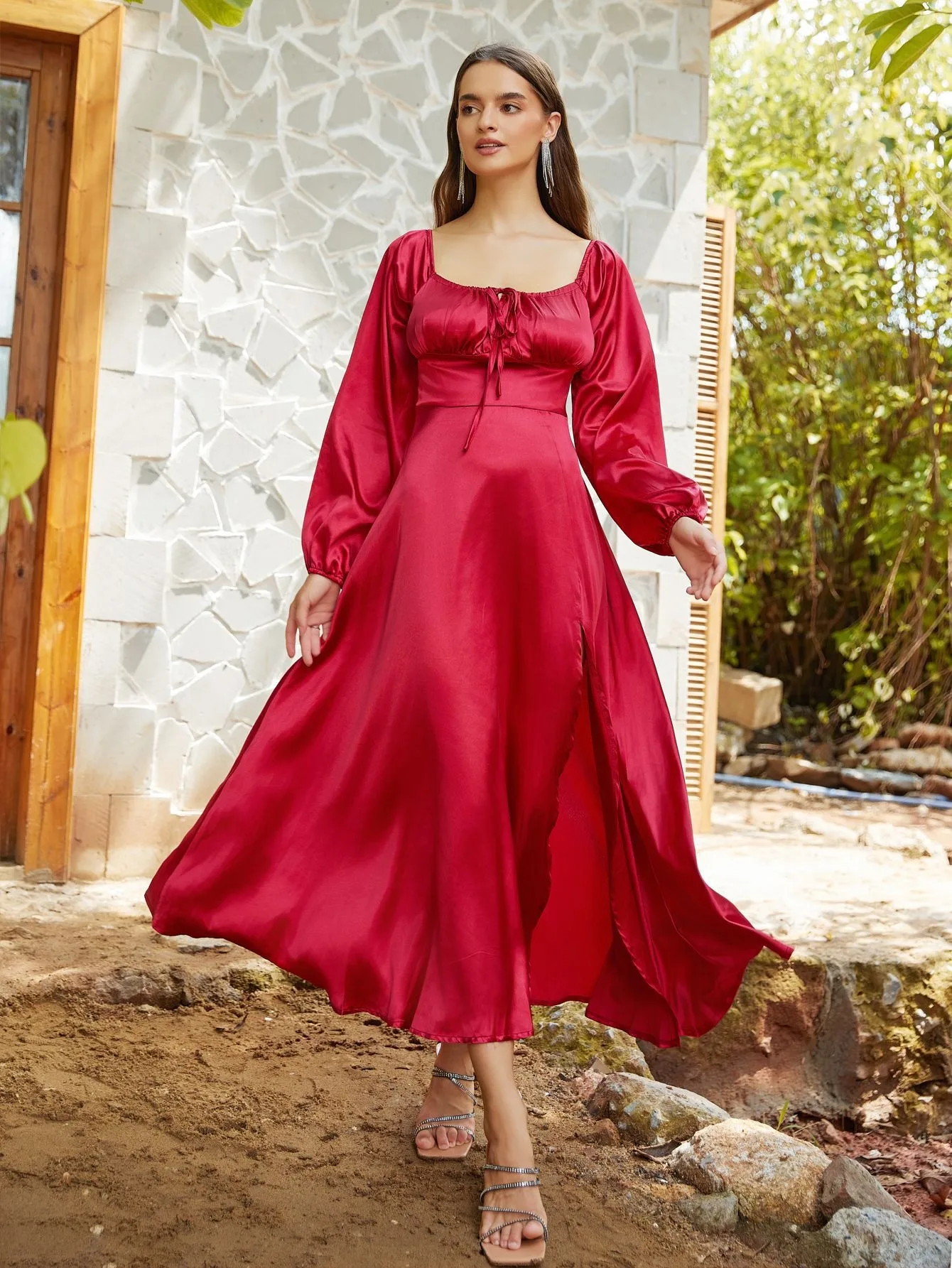 Vestidos de dama de honor de satén, vestidos lisos plisados de manga larga con cuello barco, vestido de fiesta de boda con abertura alta, vestido de cóctel