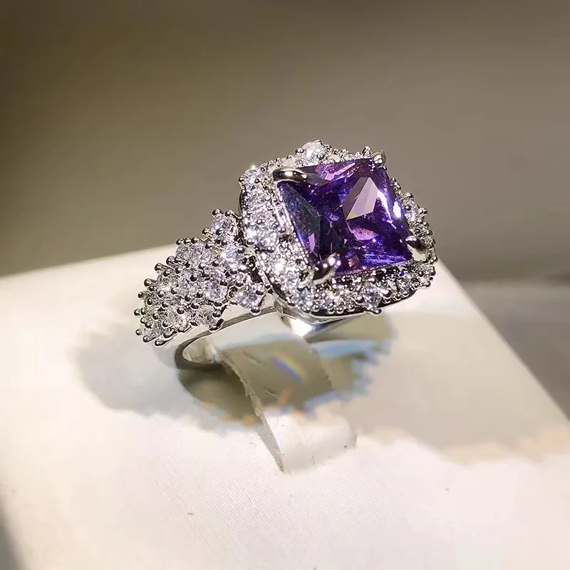 

Sparkling Purple Amethyst Ring Full Pavé Zirconia Halo Setting Luxury Jewelry Romantic Love Anniversary Gift for Her