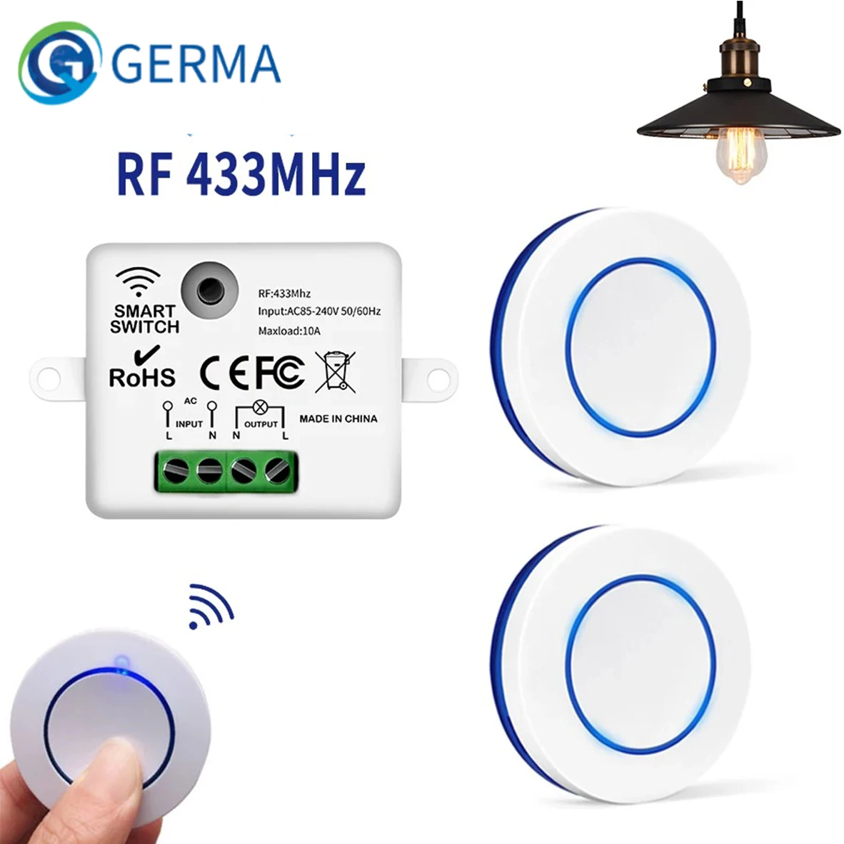 GERMA 433MHz Wireless Remote Control Light Switch 220V 110V 10A Relay Controller Mini Round Button Wall Panel Switch For Light