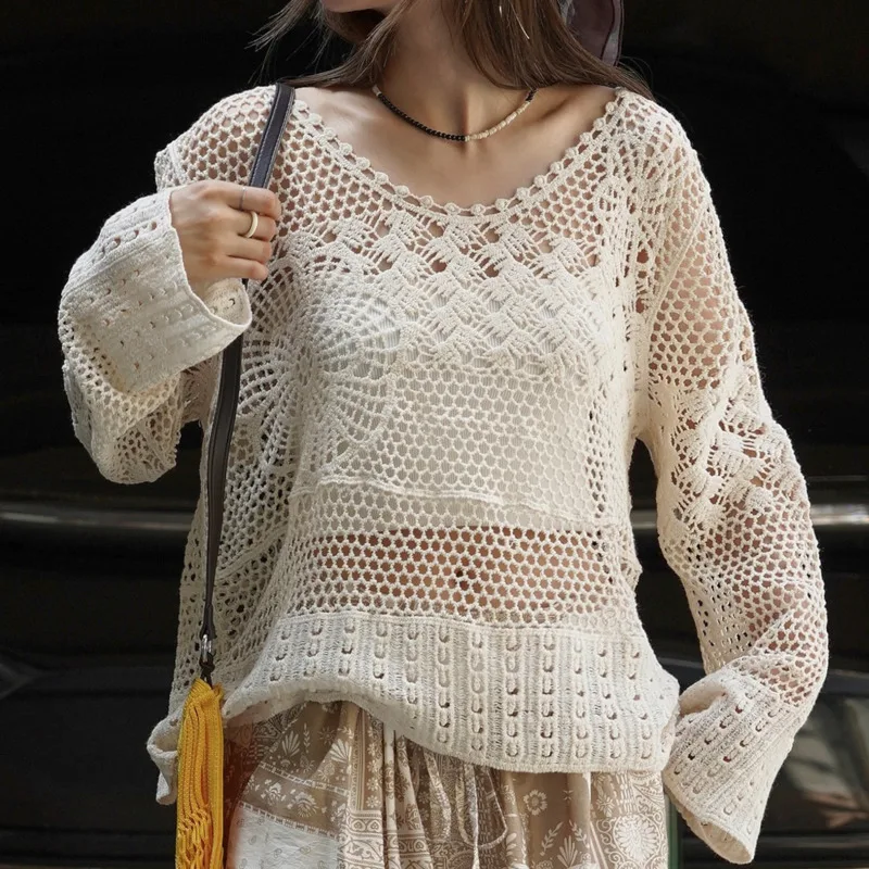 EAEOVNI カジュアル中空ニットブラウス女性 O ネック長袖ルーズ無地プルオーバートップスファッション 2025 新しい服