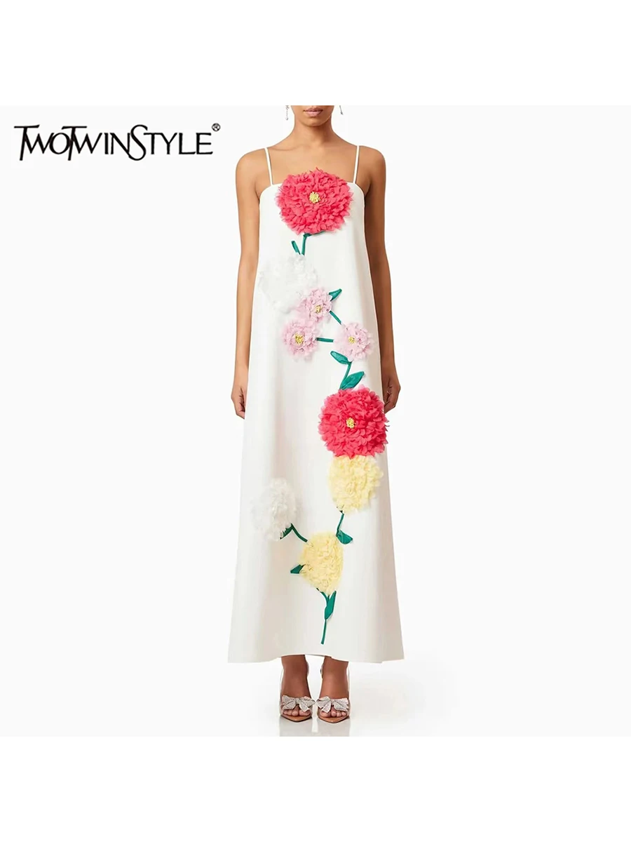 

TWOTWINSTYLE Hit Color Spliced Appliques Slimming Dresses For Women Square Neck Sleeveless High Waist Temperament Dress Female