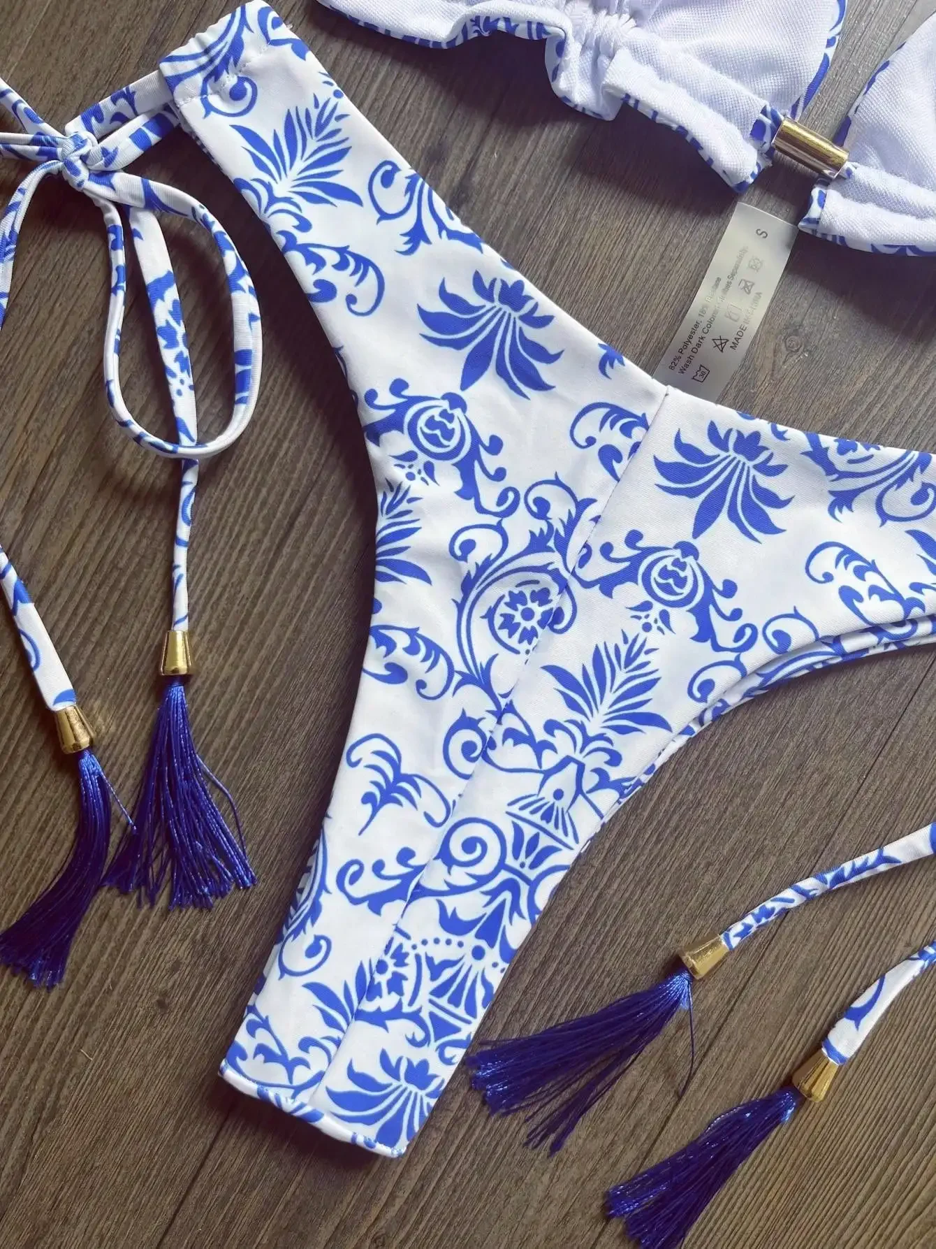 RUOTONSEPT Sexy Women Swimsuit Blue and White Print Bikini Set Triangle Bathing Suit Halter Swimwear Bandage Brazilian Biquinis