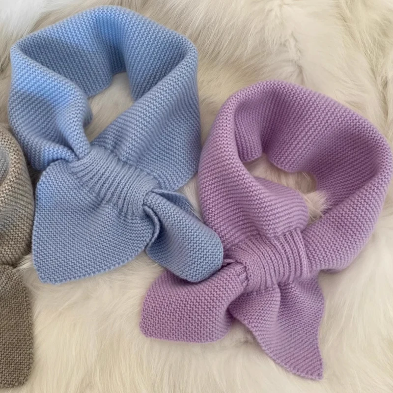 Korean Fashion Women Bowknot Cross Knitted Ring Neck Scarves Female Autumn Winter Solid Color Elastic Soft Plush Wool Warm Scarf