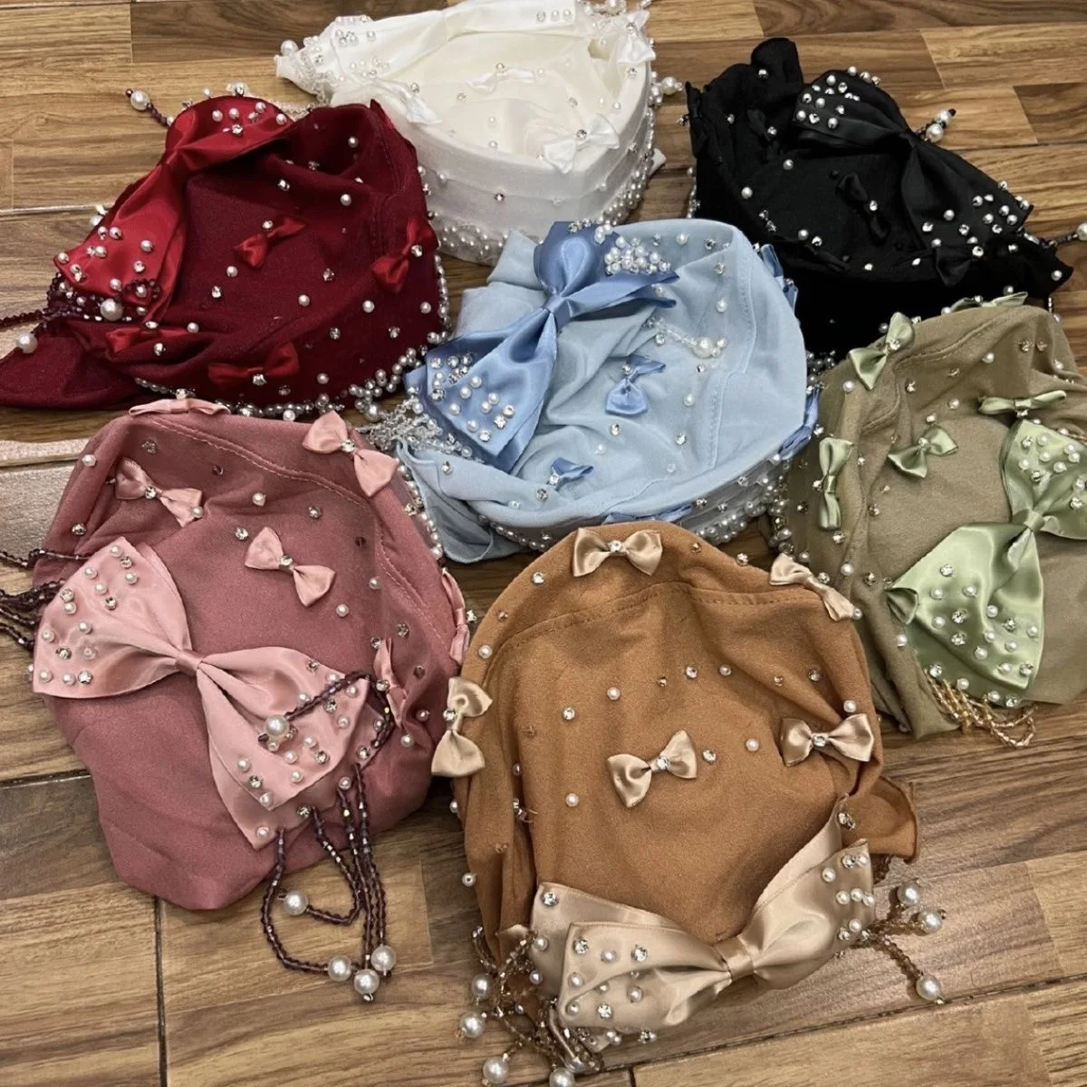 Pearls Bow Decor Moslem Sweet Girls Shawls Hat Hijab Wraps