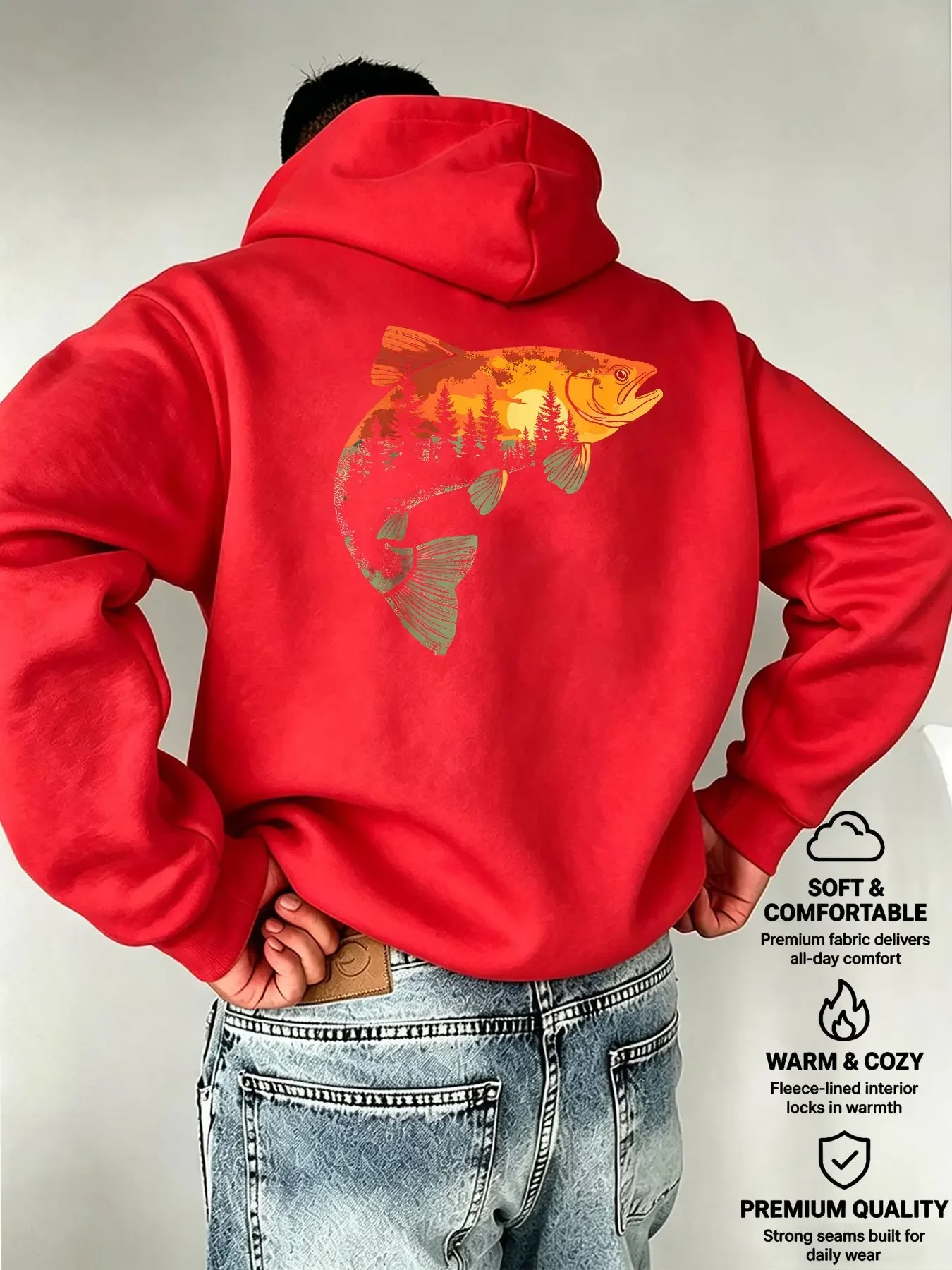Men’s Trout Fishing Graphic Hoodie Forest Sunset Back Print Outdoor Angler Streetwear Loose Pullover Autumn Winter Fleece