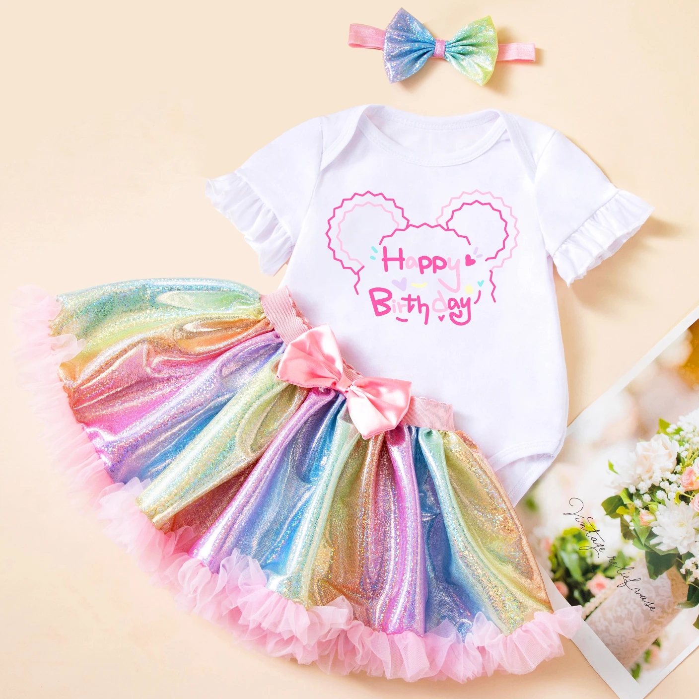 Rainbow First Birthday Baby Girl Bodysuit Tutu Skirt Headband Toddler Girl Summer Clothes 1st Birthday Outfit Princess Clothes