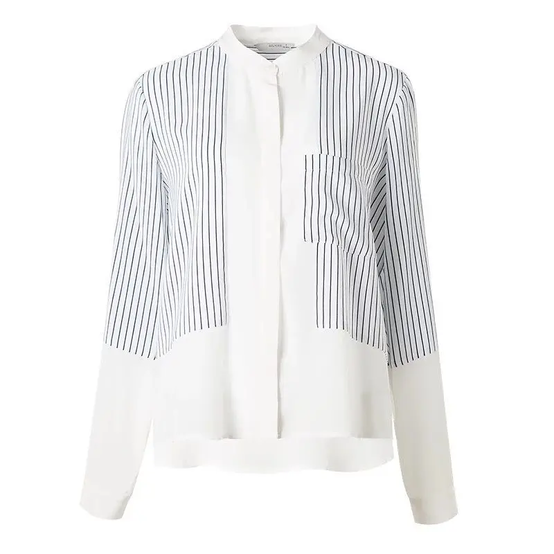 Spring Summer Loose Chiffon Shirt Tops Women\'s Fashion Striped Patchwork V Neck Long Sleeve Office Blouse Temperament Clothing