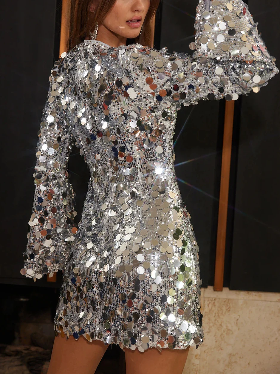 Abito Mini Trendy in Paillettes Argento da Donna, Elegante Vestito da Sera con Scollo Rotondo e Paillettes, Abito da Club per Feste, Nuova Collezione Primavera 2026, Vestito Bodycon a Vita Alta