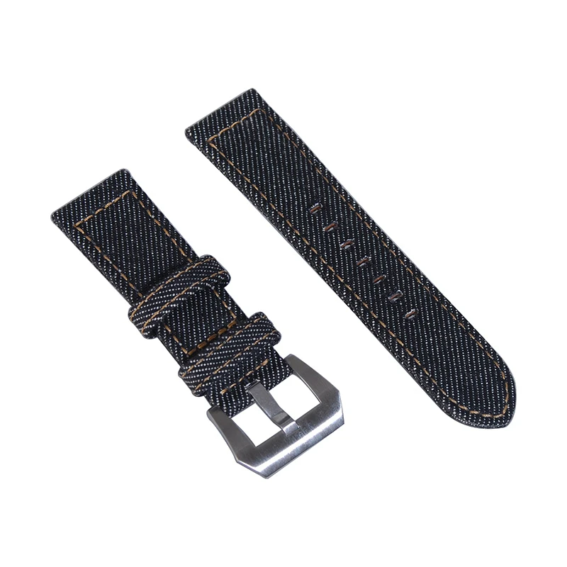 24mm Denim mens watch strap black vintage distressed canvas cotton pam buckle