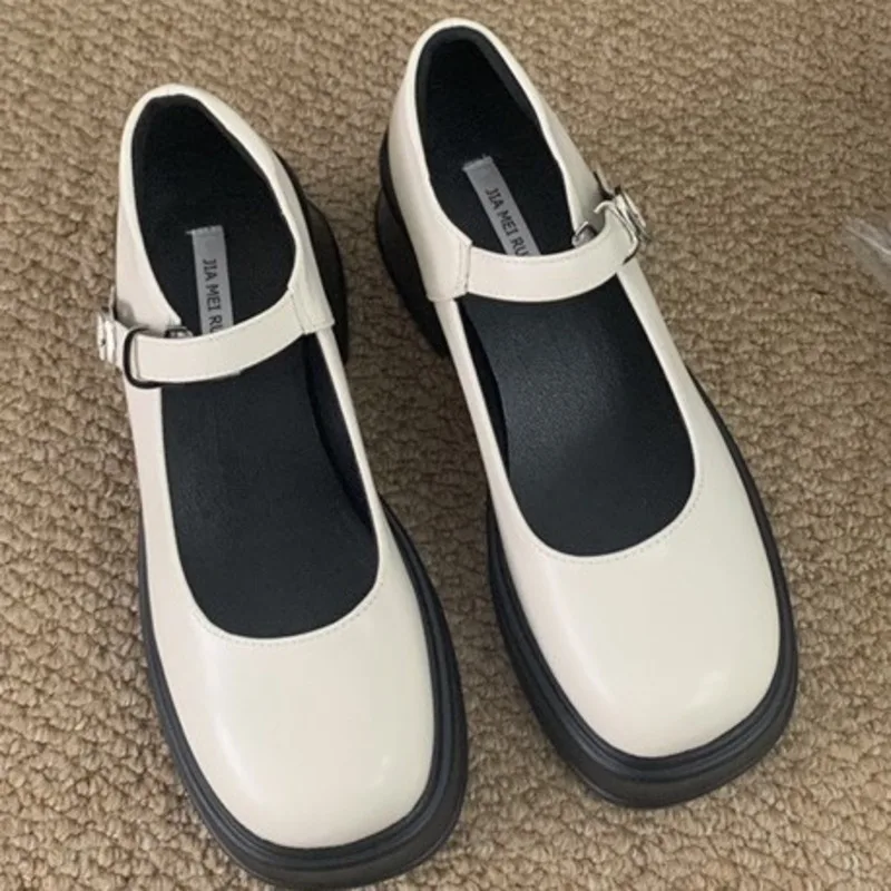 

New Women's Single Shoes With Sponge Cake Sole Straight Strap Shallow Mouth Thick Heel Square Toe Leather Shoes
