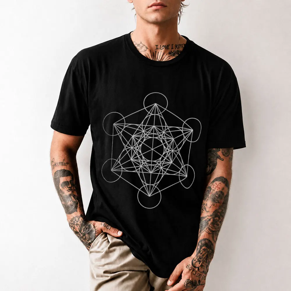 Metatrons Cube Flower Of Life T Shirt Men's Cotton Crazy T-Shirt Sacred Geometry Magic Mandala Tee Short Sleeve Tops Gift Idea
