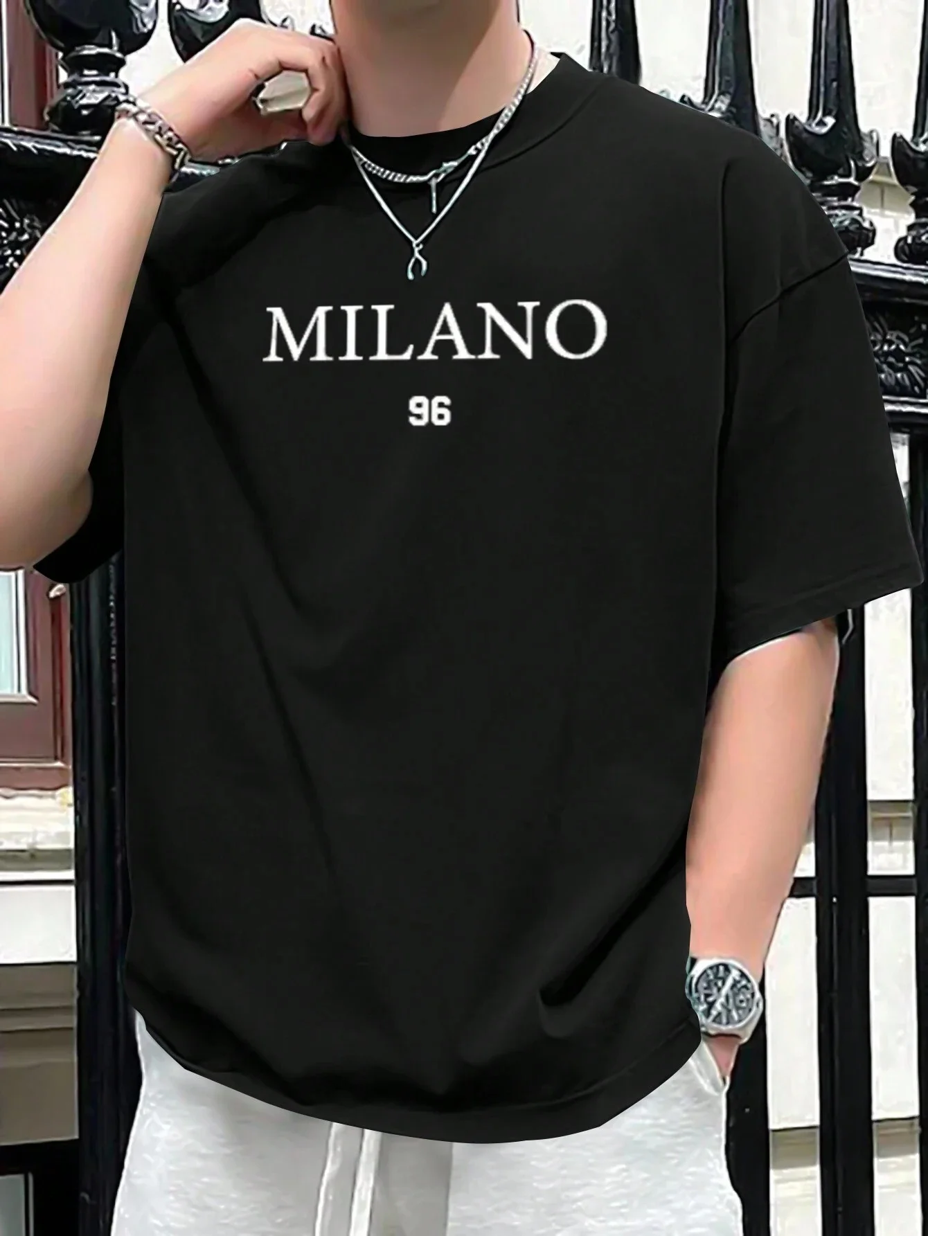 Men's 100% cotton summer loose size MILANO 96 letter printed slim fit casual sports round neck short sleeved T-shirt top image 2