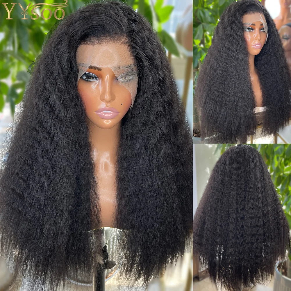 Long 2# Natural Black Kinky Straight 13x4 Futura Synthetic Lace Front Wigs for Women High Density Glueless Half Hand Tied Wig