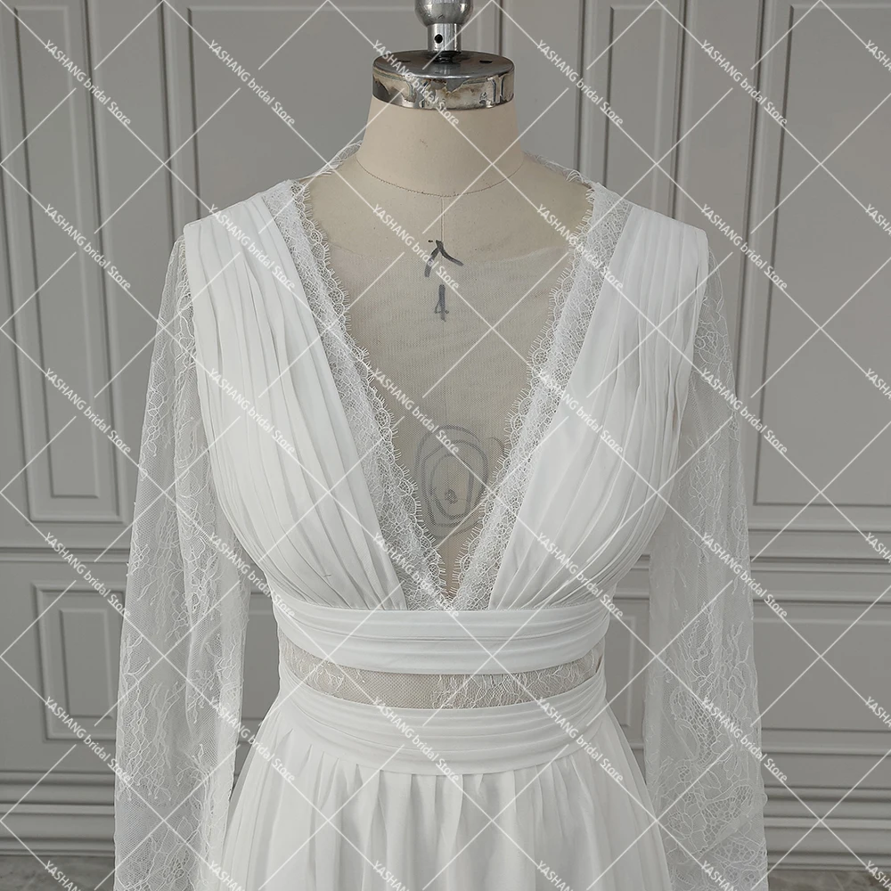 Vestido de novia bohemio con escote en V, decoración de encaje, fruncido en el pecho, mangas largas transparentes, falda de gasa fluida de línea A, vestidos de novia