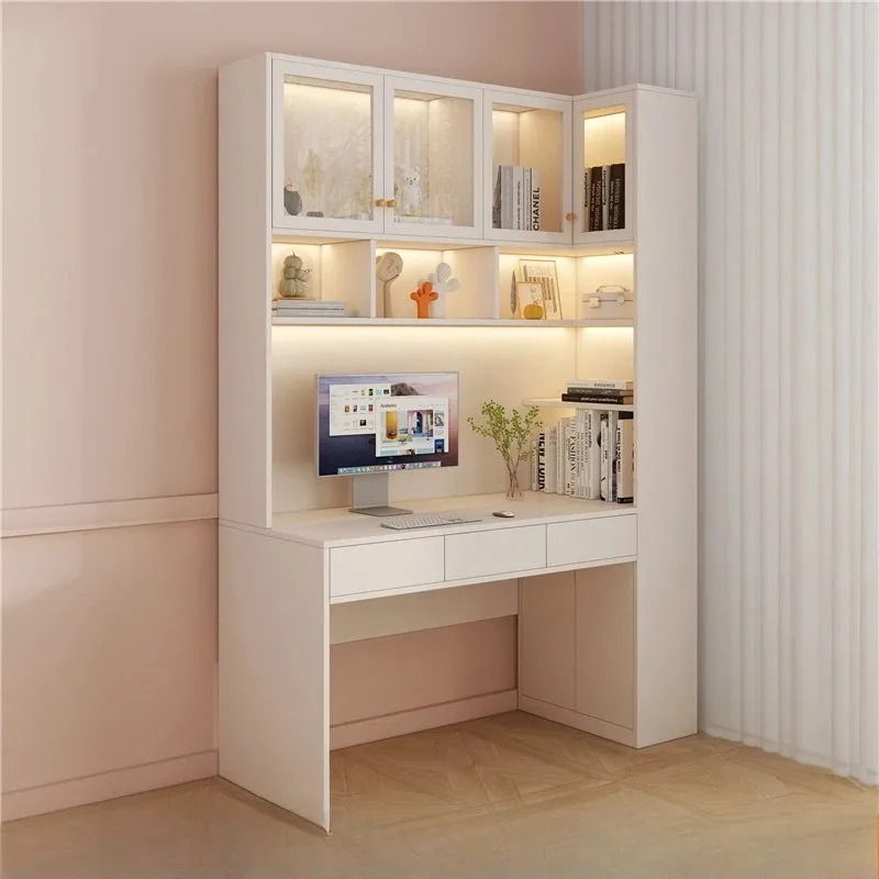 

Solid wood desk bookcase integrated table bedroom cream style home study corner L-shaped computer table bookshelf combination