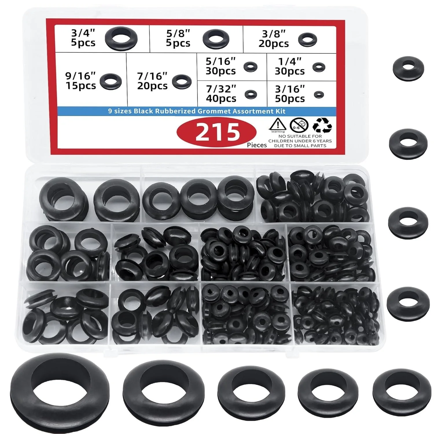 215 Rubber Grommet Assortment Kit Wire Protection Gasket O Ring Seals Hole Plug Automotive Electronics Cable Maintenance