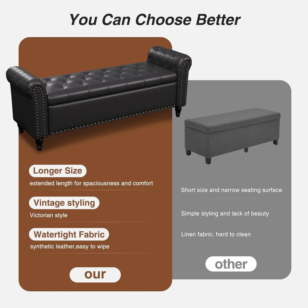 مقعد تخزين من الجلد الصناعي مع زر معنقدة، مقعد مسند للقدمين مقاس 65 بوصة لغرفة النوم #6