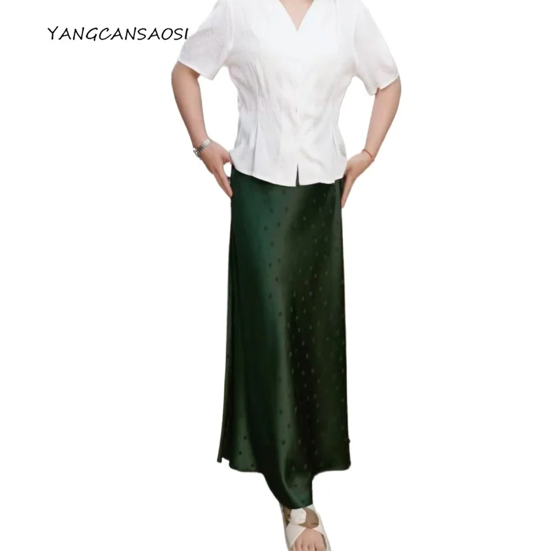 

Женская мода, осенняя новинка, 93% натуральный шелковый шелк, эластичная квадратная жаккардовая атласная юбка SangBo с высокой талией, темно-зеленая юбка «рыбий хвост»