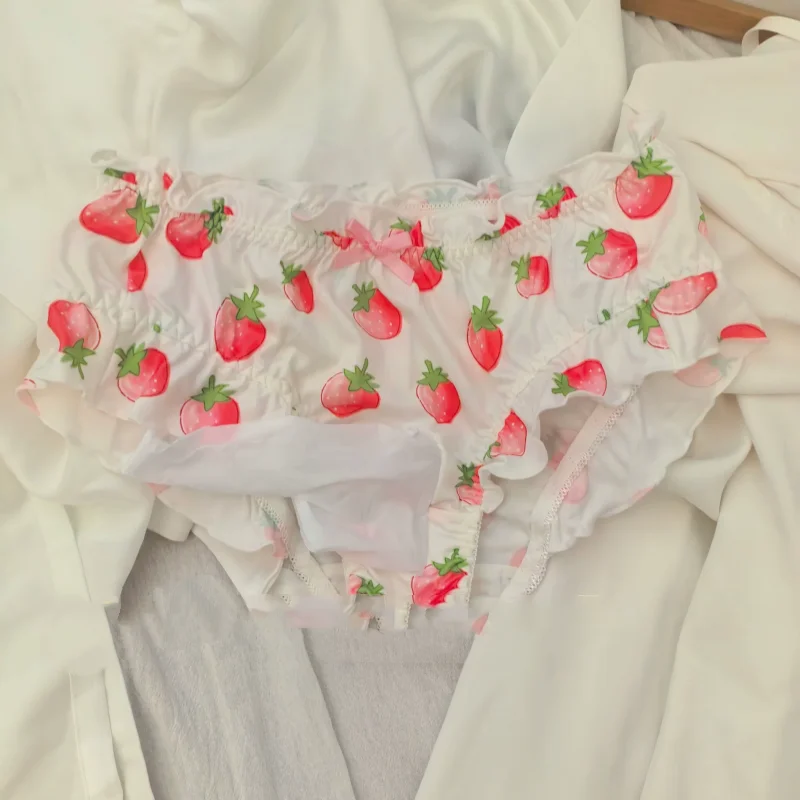 Men Ruffled Briefs Cross-dressing Cute Strawberry Print Underwear Sissy Bowknot Decor Soft Breathable Panties Sexy Lingerie