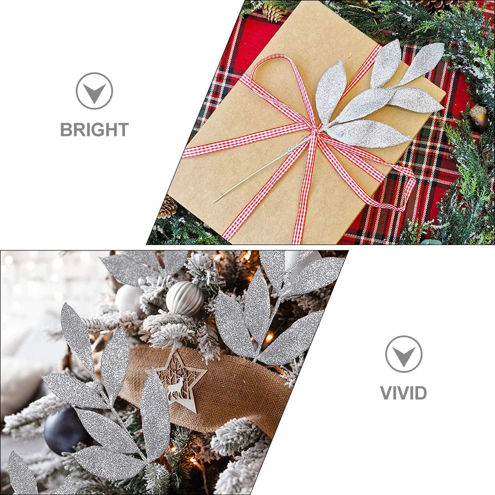 10 Uds. De guirnaldas de árbol de hojas doradas y rosas de Navidad, decoración de 10 Uds. (plateadas) de hojas para jarrón, decoraciones navideñas con purpurina de plástico para exteriores