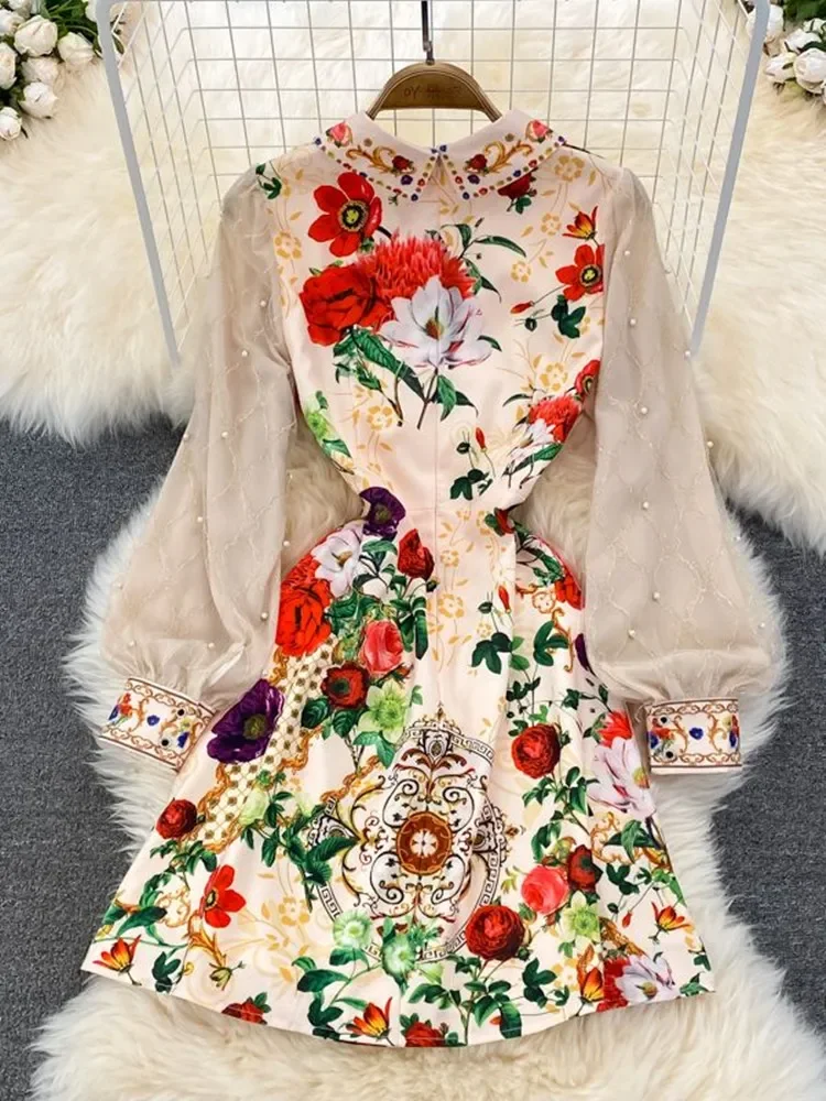 New Spring Summer Pearls Dress Women's Peter Pan Collar Flowers Print Mesh Sleeve Gold Thread Embroidered Short Vestidos