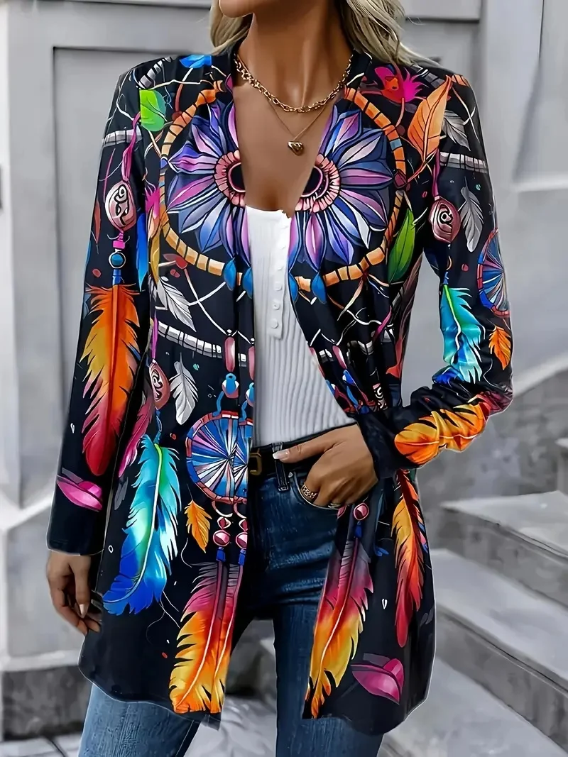 Women's Spring and Autumn Feather Print Fashionable Long Sleeve Thin Jacket - Machine Washable