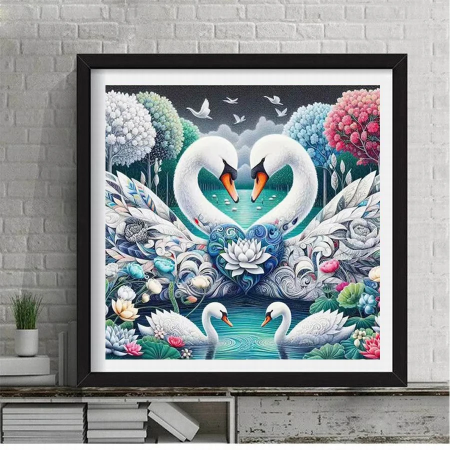 Diy Diamond Painting New Arrival 2024 Colorful Swan Lake Flower Full Mosaic Embroidery Animals Rhinestone Picture Wall Decor