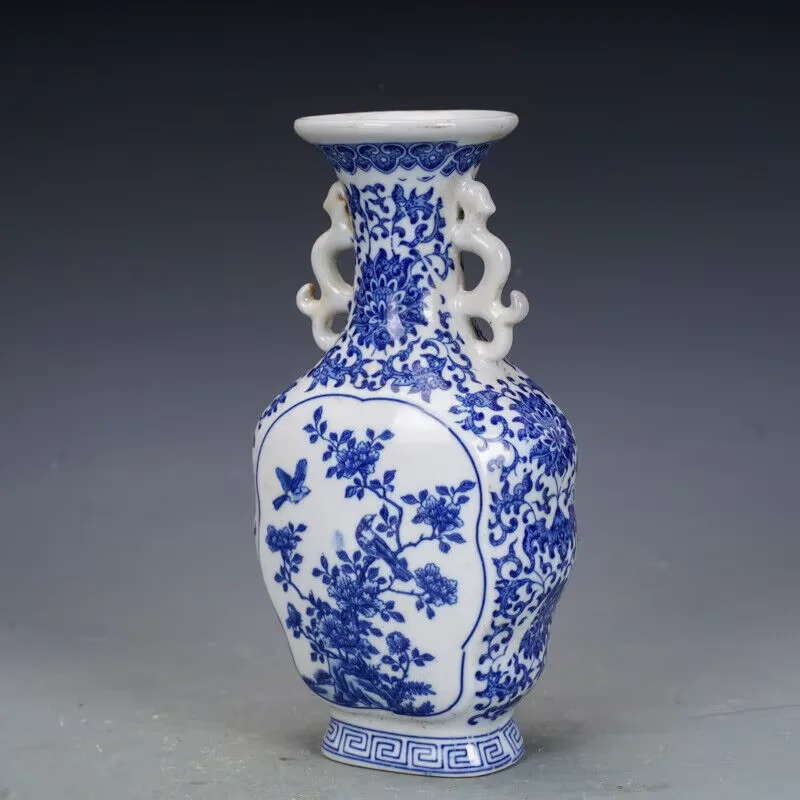 Chinese Blue and White Porcelain Qing Qianlong Flowers Birds Pattern Vase 8.66