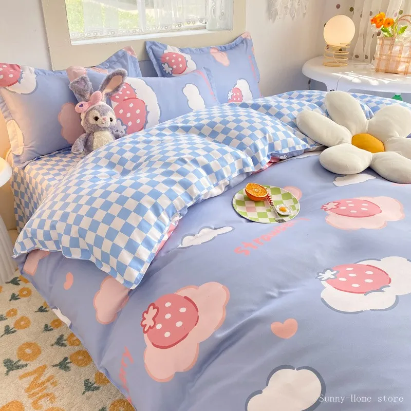 Kawaii Bedding Set Kids Adult Flat Sheet Duvet Cover Pillowcase Single Double Full Size Bed Linen Floral Cherry Home Textile