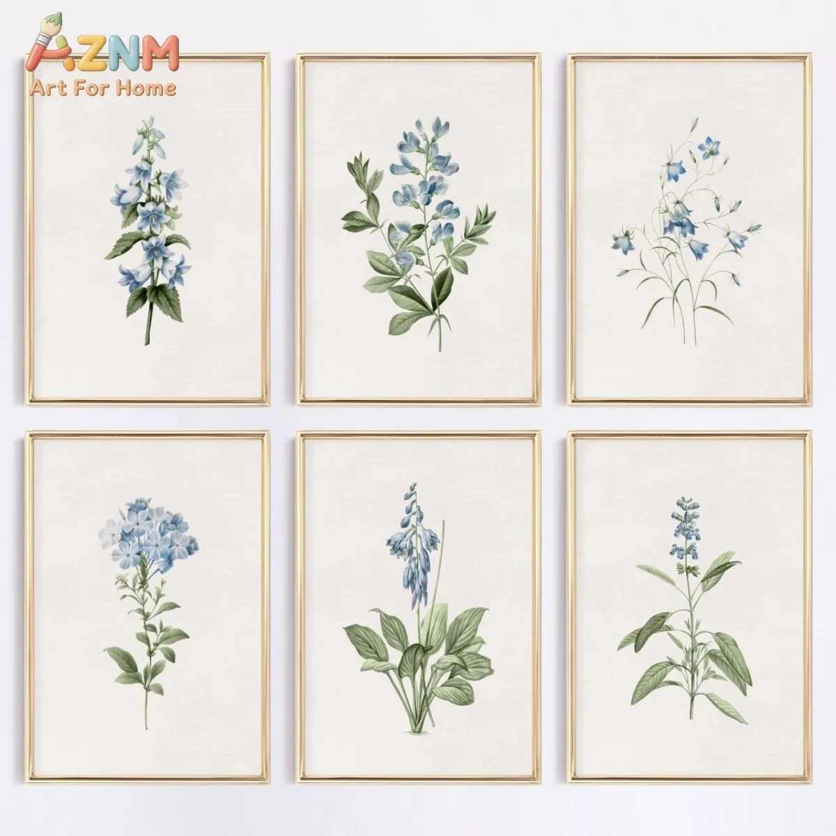 AZNM Vintage Botanical Hosta Flower Canvas Wall Art Green Blue Floral Print for Neutral Home Decor
