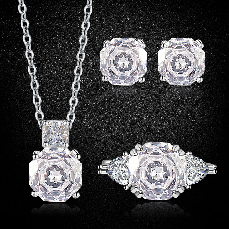 

S925 Sterling Silver 3‑Piece Set, Octagonal White Cubic Zirconia Millennium Rose Cut Ring Earrings Pendant