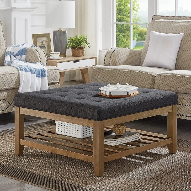 Large Square Upholstered Tufted Linen Coffee Table, Large Footrest with Solid Wood Shelf- Charcoal