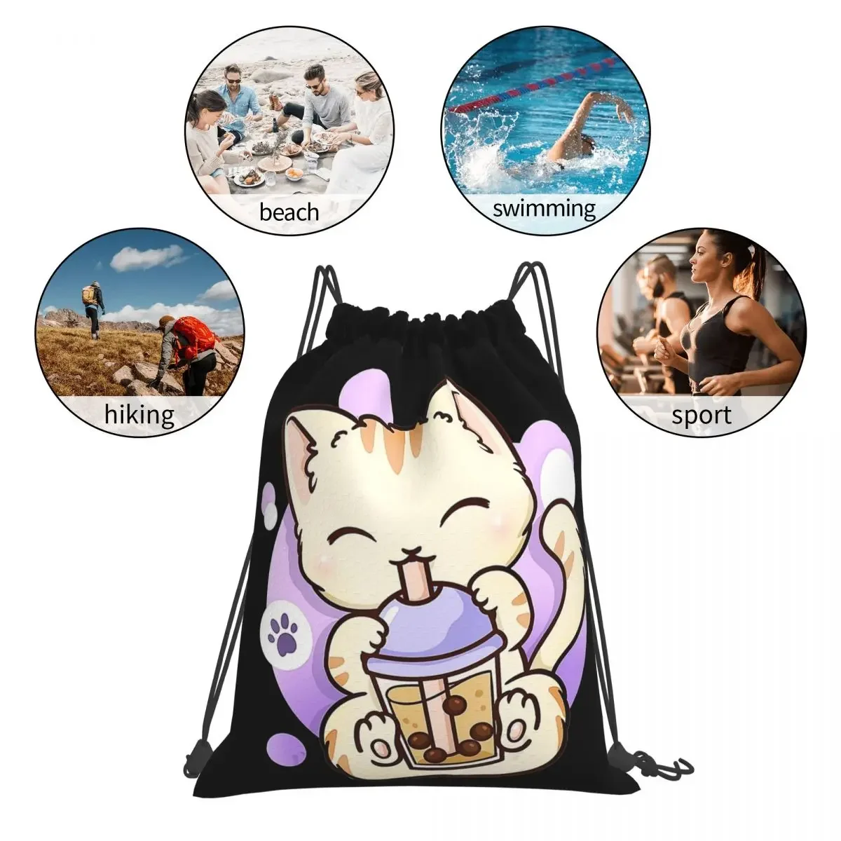 Cat Boba Tea Bubble Tea Anime mochilas Kawaii japonesas para niñas adolescentes, bolsas con cordón, paquete de bolsillo, bolsa de libros deportiva