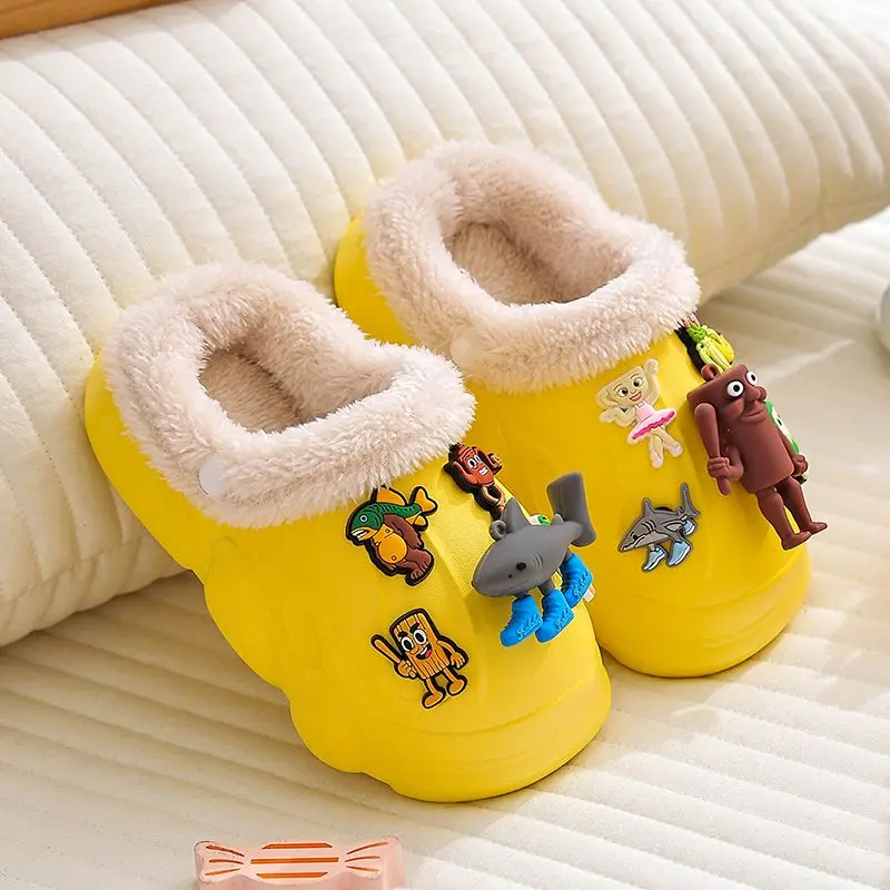 Kids Warm Plush Non Slip Cotton Slippers with Cartoon Animal Design Removable Washable Family Matching EVA Sole Indoor Shoes