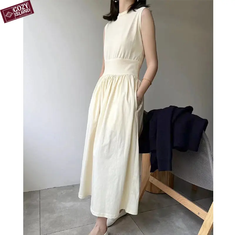 

2023 Casual Flared Dresses Cotton Plain Slim Waist A-Line Midi Length Sleeveless Women Dress Work Office Ladies Spring Clothes