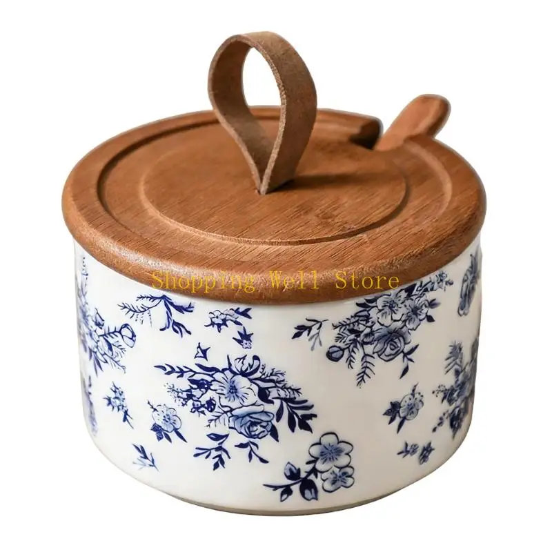 KX4B Convenient Ceramic Salt Dispenser Including Cover And Spoon Seasoning Bowl