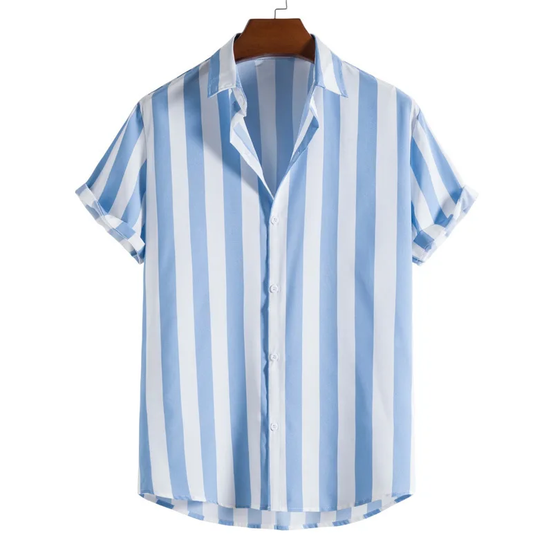 

2023 Summer Fashion Mens Hawaiian Shirts Short Sleeve Button Stripe Print Loose Casual Beach Vacation Aloha Shirt EUR Size 3XL