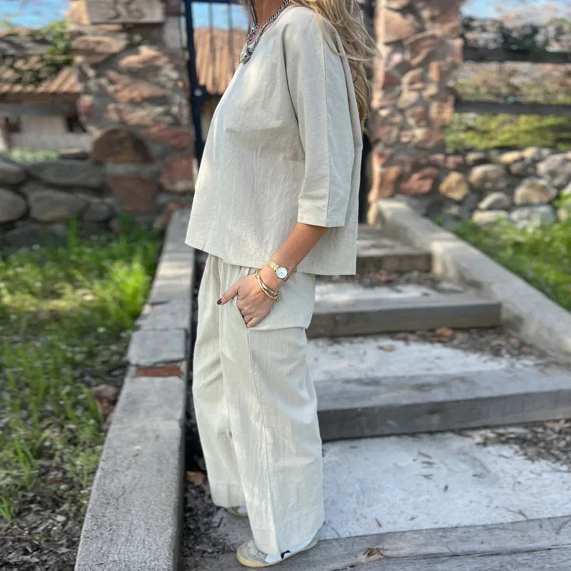 

Vintage Solid Cotton Linen Woman Clothing Elegant O Neck Top Pullover & Long Pants Suit Autumn Half Sleeve 2 Pieces Sets Outfits