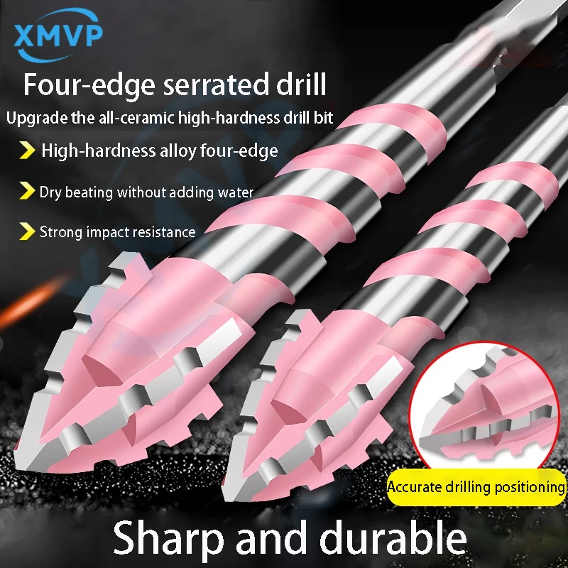 Four-edge serrated drill, eccentric drill bit, high-hardness full tile Nemesis, dry drilling, king drilling, hexagonal handle